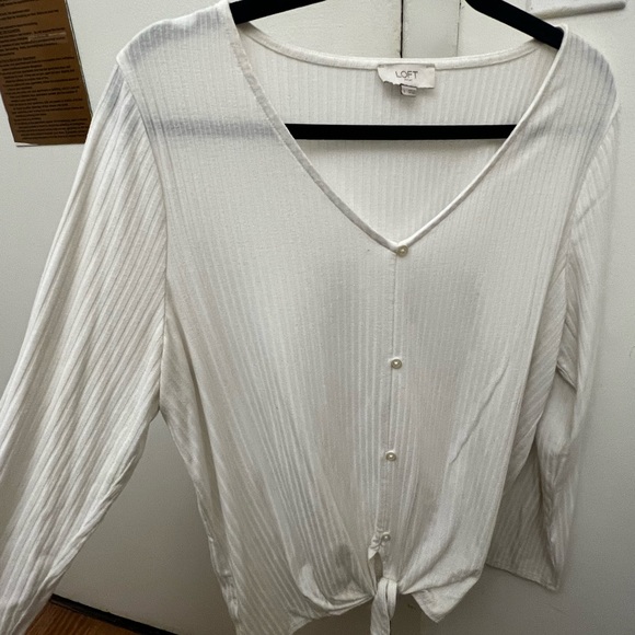 casual white knit LOFT button down tie shirt, size L - Picture 1 of 3